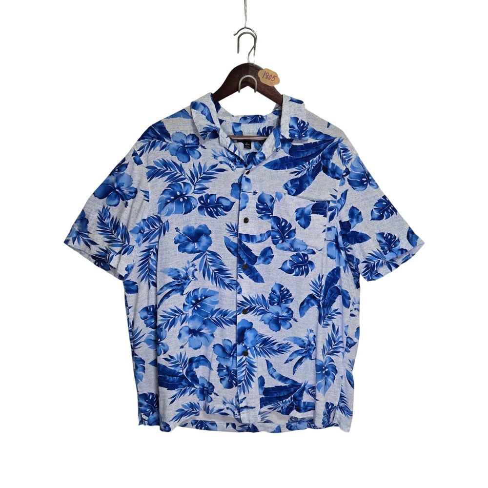 George Mens Blue White Watercolor Hibiscus Floral Rayon Camp Shirt L GM25Y027